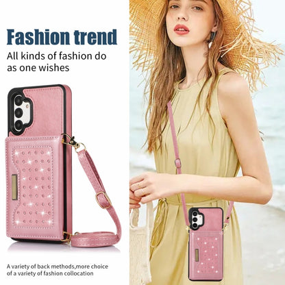 For Samsung Galaxy A13 4G/A13 5G Three-fold RFID Leather Phone Case with Lanyard(Rose Gold) - iPhone 13 Cases by buy2fix | Online Shopping UK | buy2fix