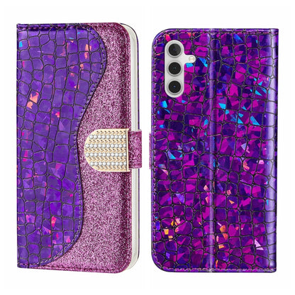 For Samsung Galaxy A14 5G Laser Glitter Powder Crocodile Texture Leather Phone Case(Purple) by buy2fix