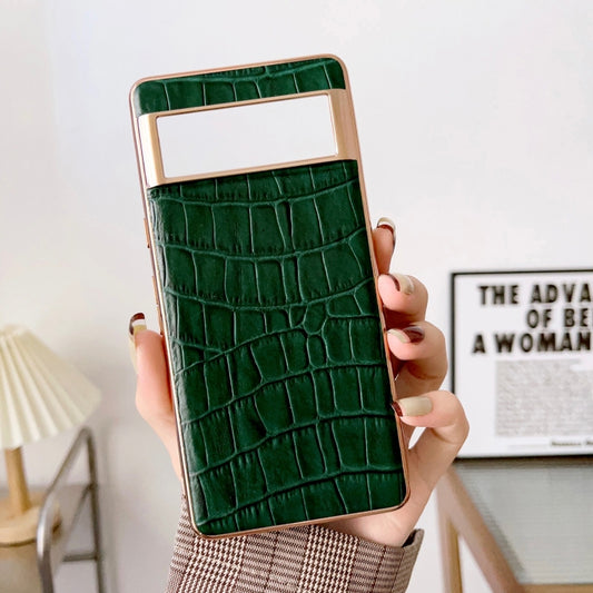 For Google Pixel 6 Crocodile Texture Genuine Leather Electroplating Phone Case(Dark Green) - Google Cases by buy2fix | Online Shopping UK | buy2fix