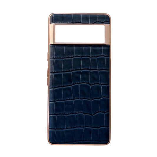 For Google Pixel 6 Pro Crocodile Texture Genuine Leather Electroplating Phone Case(Blue) - Google Cases by buy2fix | Online Shopping UK | buy2fix