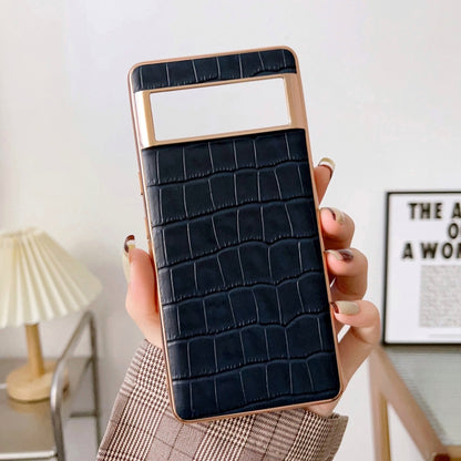 For Google Pixel 6 Pro Crocodile Texture Genuine Leather Electroplating Phone Case(Blue) - Google Cases by buy2fix | Online Shopping UK | buy2fix