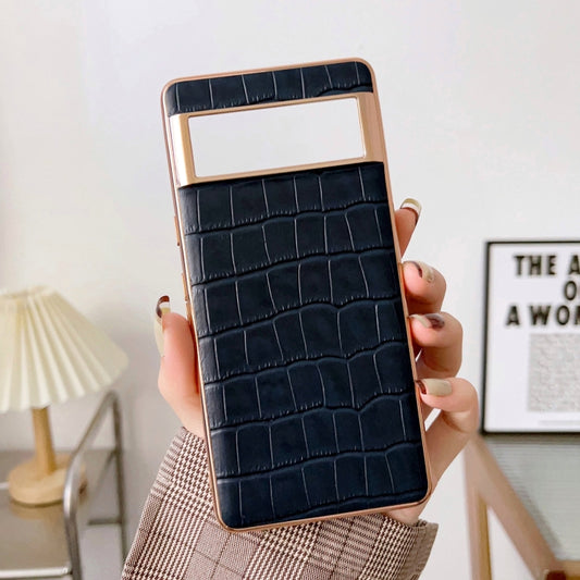 For Google Pixel 6 Pro Crocodile Texture Genuine Leather Electroplating Phone Case(Blue) - Google Cases by buy2fix | Online Shopping UK | buy2fix