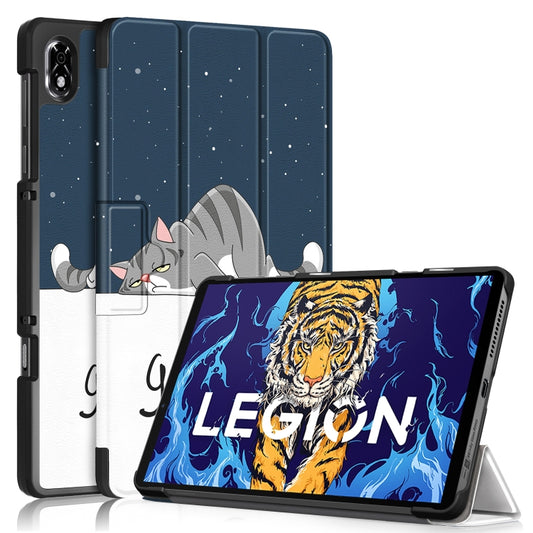 For Lenovo Legion Y700 3-folding Magnetic Buckle Coloured Drawing Leather Smart Tablet Case(Lazy Cat) - Lenovo by buy2fix | Online Shopping UK | buy2fix