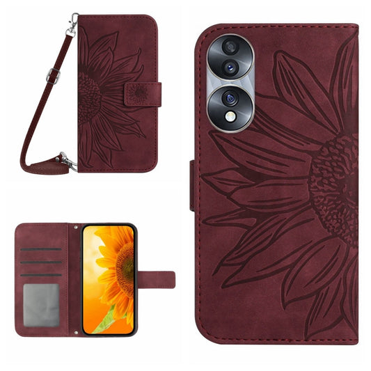 For Honor 70 Skin Feel Sun Flower Pattern Flip Leather Phone Case with Lanyard(Wine Red) by buy2fix