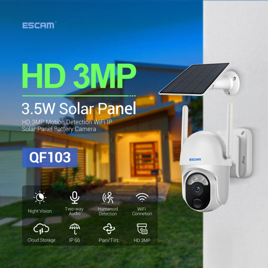 ESCAM QF103 3MP Cloud Storage PT WIFI PIR Alarm IP Camera with Solar Panel Battery Support Full Color Night Vision & Two Way Audio - Wireless Camera by ESCAM | Online Shopping UK | buy2fix