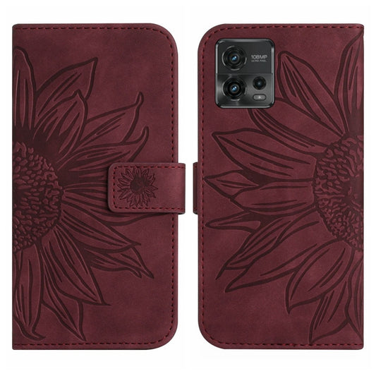 For Motorola Moto G72 5G Skin Feel Sun Flower Pattern Flip Leather Phone Case with Lanyard(Wine Red) by buy2fix