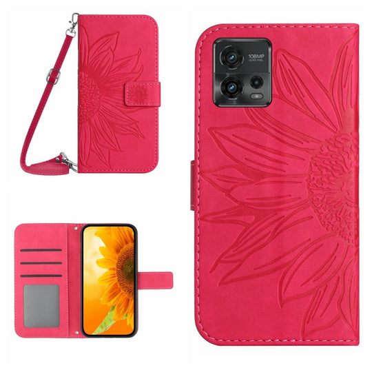 For Motorola Moto G72 5G Skin Feel Sun Flower Pattern Flip Leather Phone Case with Lanyard(Rose Red)