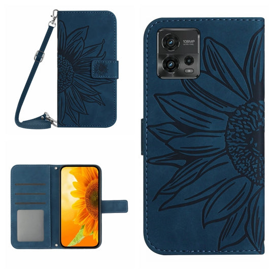 For Motorola Moto G72 5G Skin Feel Sun Flower Pattern Flip Leather Phone Case with Lanyard(Inky Blue)