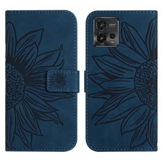 For Motorola Moto G72 5G Skin Feel Sun Flower Pattern Flip Leather Phone Case with Lanyard(Inky Blue) - Motorola Cases by buy2fix | Online Shopping UK | buy2fix