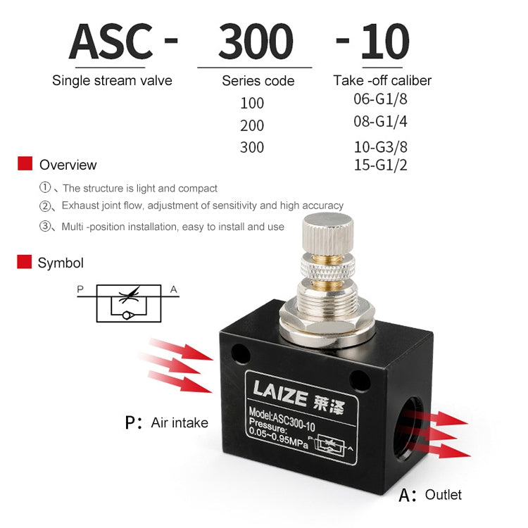 LAIZE Pneumatic Speed Regulating One-way Throttle Valve, Specification:ASC300-10 DN10mm - Valve Series by LAIZE | Online Shopping UK | buy2fix