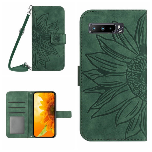 For Asus ROG Phone 3 ZS661KS Skin Feel Sun Flower Pattern Flip Leather Phone Case with Lanyard(Green) - ASUS Cases by buy2fix | Online Shopping UK | buy2fix