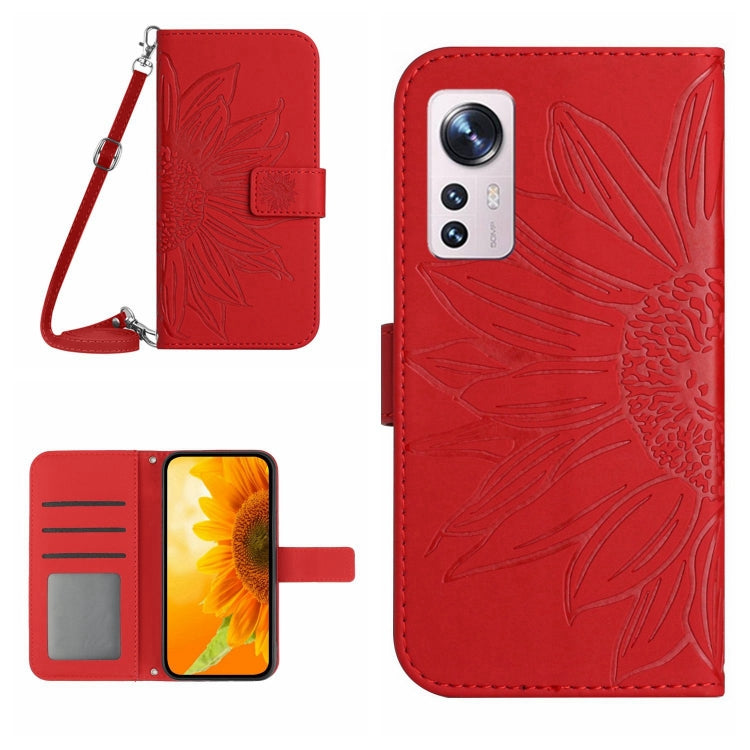 For Xiaomi 12 / 12X Skin Feel Sun Flower Pattern Flip Leather Phone Case with Lanyard(Red) by buy2fix