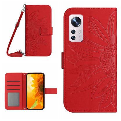 For Xiaomi 12 / 12X Skin Feel Sun Flower Pattern Flip Leather Phone Case with Lanyard(Red) by buy2fix