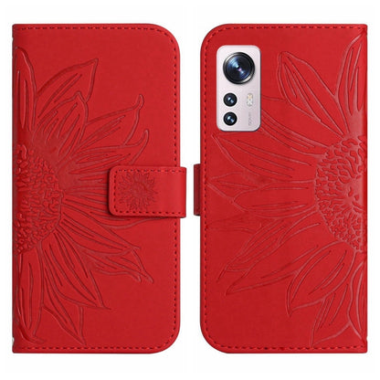 For Xiaomi 12 / 12X Skin Feel Sun Flower Pattern Flip Leather Phone Case with Lanyard(Red) by buy2fix