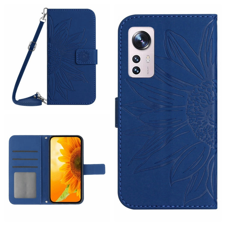 For Xiaomi 12 / 12X Skin Feel Sun Flower Pattern Flip Leather Phone Case with Lanyard(Dark Blue) by buy2fix