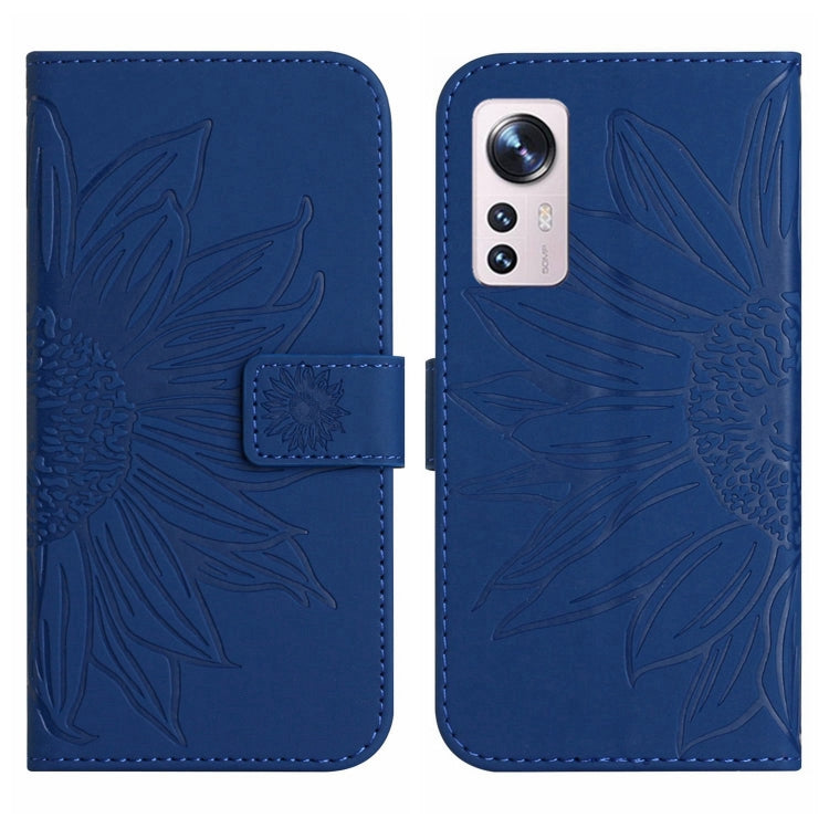 For Xiaomi 12 / 12X Skin Feel Sun Flower Pattern Flip Leather Phone Case with Lanyard(Dark Blue) by buy2fix