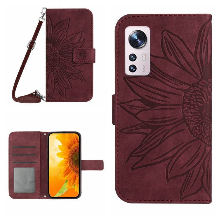 For Xiaomi 12 / 12X Skin Feel Sun Flower Pattern Flip Leather Phone Case with Lanyard(Wine Red) by buy2fix