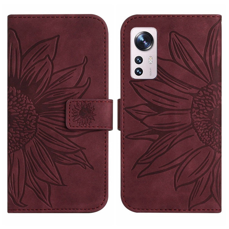 For Xiaomi 12 / 12X Skin Feel Sun Flower Pattern Flip Leather Phone Case with Lanyard(Wine Red) by buy2fix