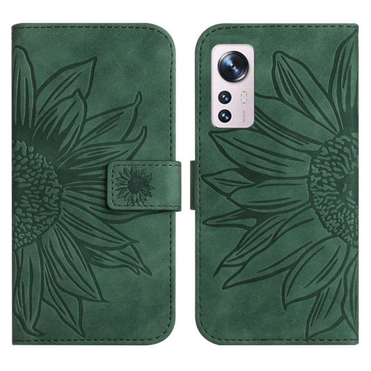 For Xiaomi 12 / 12X Skin Feel Sun Flower Pattern Flip Leather Phone Case with Lanyard(Green) by buy2fix