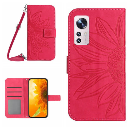 For Xiaomi 12 / 12X Skin Feel Sun Flower Pattern Flip Leather Phone Case with Lanyard(Rose Red) by buy2fix
