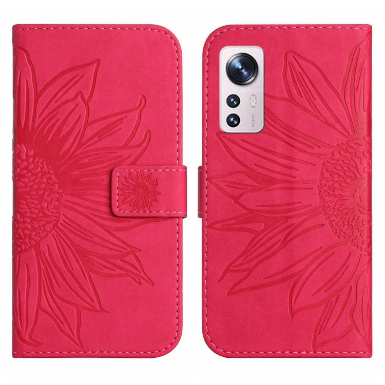 For Xiaomi 12 / 12X Skin Feel Sun Flower Pattern Flip Leather Phone Case with Lanyard(Rose Red) by buy2fix