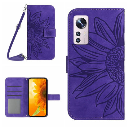 For Xiaomi 12 / 12X Skin Feel Sun Flower Pattern Flip Leather Phone Case with Lanyard(Dark Purple) by buy2fix