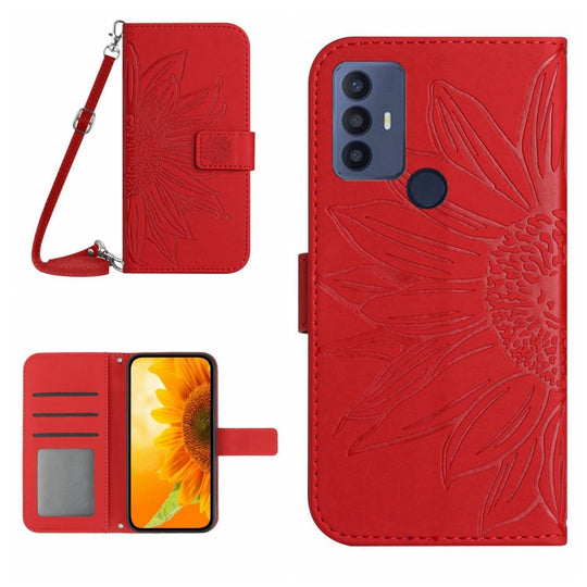 Pour TCL 30 SE / 30E / 306/305 Skin Feel Étui de téléphone en cuir à motif de fleur de soleil avec lanière (rouge)