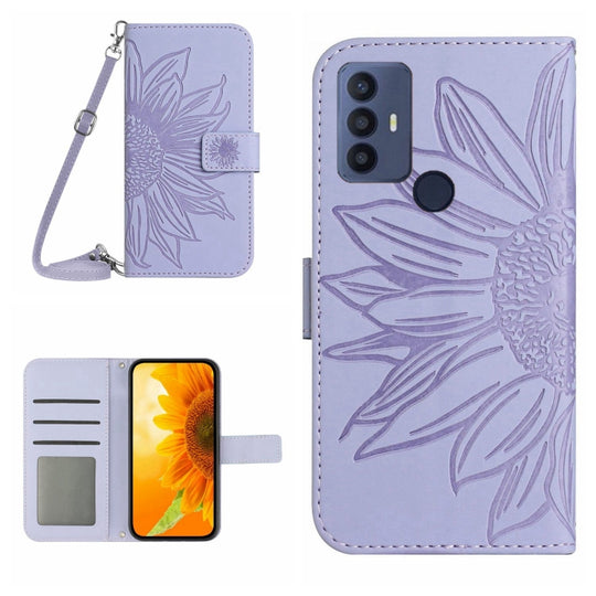 Pour TCL 30 SE / 30E / 306/305 Étui de téléphone en cuir à rabat à motif de fleur de soleil avec lanière (violet)