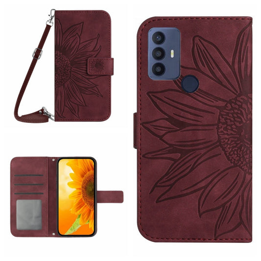 For TCL 30 SE/30E/306/305 Skin Feel Sun Flower Pattern Flip Leather Phone Case with Lanyard(Wine Red) - TCL by buy2fix | Online Shopping UK | buy2fix