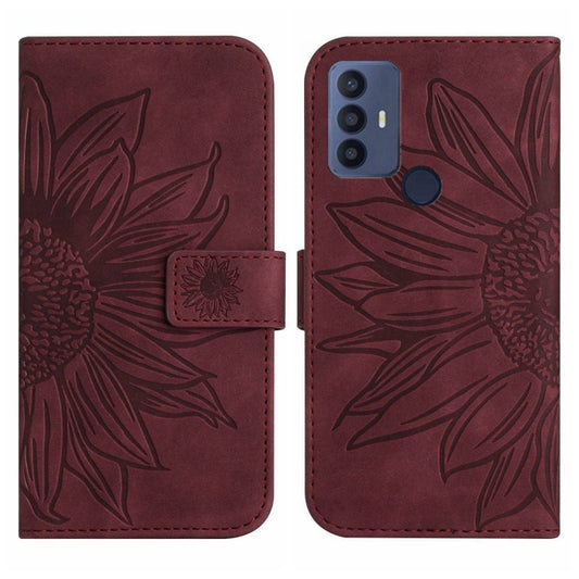 For TCL 30 SE/30E/306/305 Skin Feel Sun Flower Pattern Flip Leather Phone Case with Lanyard(Wine Red) - TCL by buy2fix | Online Shopping UK | buy2fix