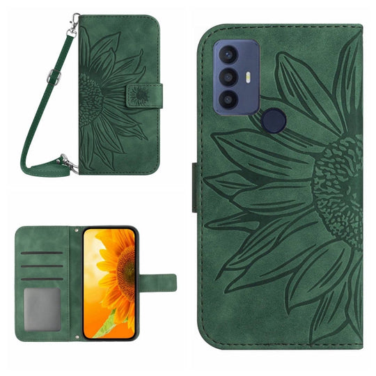 Pour TCL 30 SE / 30E / 306/305 Étui de téléphone en cuir à rabat à motif de fleur de soleil avec lanière (vert)