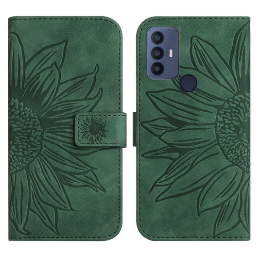 For TCL 30 SE/30E/306/305 Skin Feel Sun Flower Pattern Flip Leather Phone Case with Lanyard(Green) - TCL by buy2fix | Online Shopping UK | buy2fix