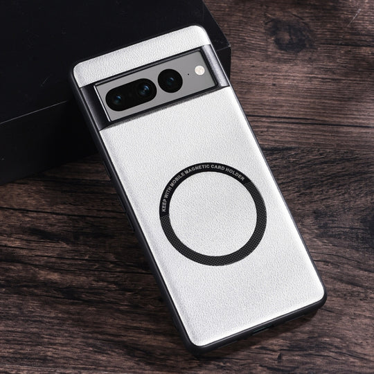 For Google Pixel 7 Pro Magsafe Magnetic Ring Leather Texture Phone Case(White)