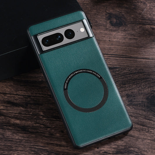 For Google Pixel 7 Pro Magsafe Magnetic Ring Leather Texture Phone Case(Green) - Google Cases by buy2fix | Online Shopping UK | buy2fix