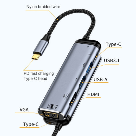 Y002 6 in 1 Type-C to VGA+HDMI+Dual USB+Dual USB-C/Type-C Interface Multifunctional Adapter by buy2fix