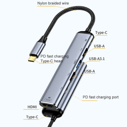 Y004 6 in 1 USB-C/Type-C to HDMI+USB 3.1+Dual USB 2.0+Dual USB-C/Type-C Interface Multifunctional Adapter by buy2fix