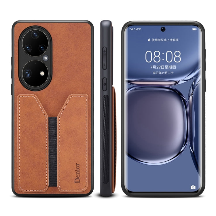 For Huawei P50 Pro Denior DV Elastic Card PU Back Cover Phone Case(Brown) - Huawei Cases by Denior | Online Shopping UK | buy2fix