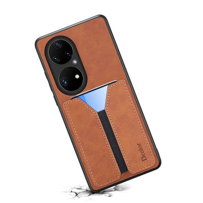 For Huawei P50 Pro Denior DV Elastic Card PU Back Cover Phone Case(Brown) - Huawei Cases by Denior | Online Shopping UK | buy2fix
