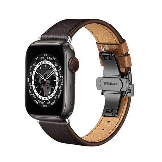 Butterfly Buckle Genuine Leather Watch Band For Apple Watch Ultra 49mm&Watch Ultra 2 49mm / Series 9&8&7 45mm / SE 3&SE 2&6&SE&5&4 44mm / 3&2&1 42mm(Coffee+Black Buckle) - Watch Bands by buy2fix | Online Shopping UK | buy2fix