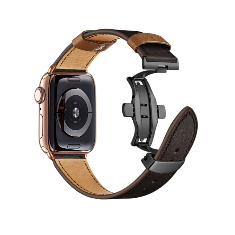 Butterfly Buckle Genuine Leather Watch Band For Apple Watch Ultra 49mm&Watch Ultra 2 49mm / Series 9&8&7 45mm / SE 3&SE 2&6&SE&5&4 44mm / 3&2&1 42mm(Coffee+Black Buckle) by buy2fix
