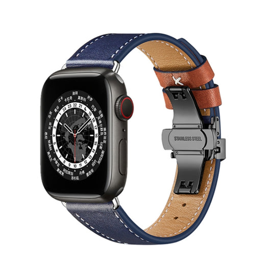 Butterfly Buckle Genuine Leather Watch Band For Apple Watch Ultra 49mm&Watch Ultra 2 49mm / Series 9&8&7 45mm / SE 3&SE 2&6&SE&5&4 44mm / 3&2&1 42mm(Blue+Black Buckle) - Watch Bands by buy2fix | Online Shopping UK | buy2fix