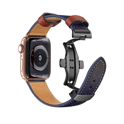 Butterfly Buckle Genuine Leather Watch Band For Apple Watch Ultra 49mm&Watch Ultra 2 49mm / Series 9&8&7 45mm / SE 3&SE 2&6&SE&5&4 44mm / 3&2&1 42mm(Blue+Black Buckle) by buy2fix