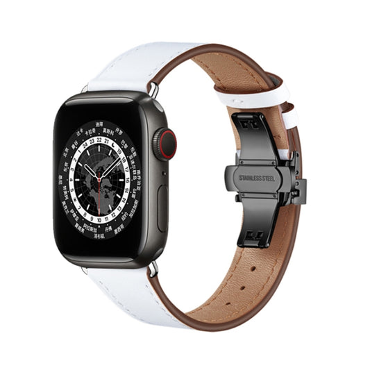 Butterfly Buckle Genuine Leather Watch Band For Apple Watch Ultra 49mm&Watch Ultra 2 49mm / Series 9&8&7 45mm / SE 3&SE 2&6&SE&5&4 44mm / 3&2&1 42mm(White+Black Buckle) - Watch Bands by buy2fix | Online Shopping UK | buy2fix