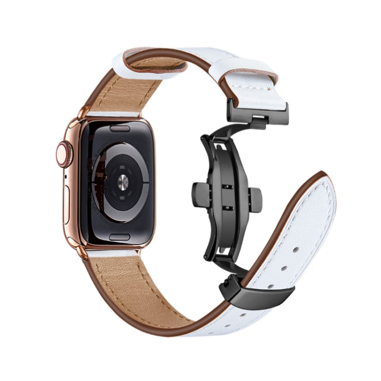 Butterfly Buckle Genuine Leather Watch Band For Apple Watch Ultra 49mm&Watch Ultra 2 49mm / Series 9&8&7 45mm / SE 3&SE 2&6&SE&5&4 44mm / 3&2&1 42mm(White+Black Buckle) by buy2fix