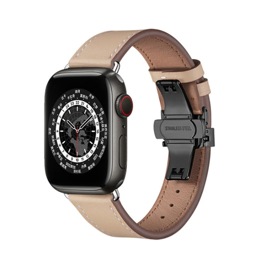 Butterfly Buckle Genuine Leather Watch Band For Apple Watch Ultra 49mm&Watch Ultra 2 49mm / Series 9&8&7 45mm / SE 3&SE 2&6&SE&5&4 44mm / 3&2&1 42mm(Apricot+Black Buckle) - Watch Bands by buy2fix | Online Shopping UK | buy2fix