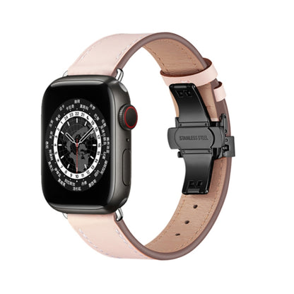 Butterfly Buckle Genuine Leather Watch Band For Apple Watch Ultra 49mm&Watch Ultra 2 49mm / Series 9&8&7 45mm / SE 3&SE 2&6&SE&5&4 44mm / 3&2&1 42mm(Light Pink+Black Buckle) by buy2fix