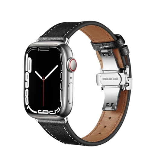 Butterfly Buckle Genuine Leather Watch Band For Apple Watch Ultra 49mm&Watch Ultra 2 49mm / Series 9&8&7 45mm / SE 3&SE 2&6&SE&5&4 44mm / 3&2&1 42mm(Brown+Silver Buckle) - Watch Bands by buy2fix | Online Shopping UK | buy2fix