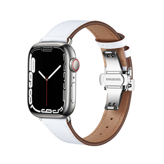 Butterfly Buckle Genuine Leather Watch Band For Apple Watch Ultra 49mm&Watch Ultra 2 49mm / Series 9&8&7 45mm / SE 3&SE 2&6&SE&5&4 44mm / 3&2&1 42mm(White+Silver Buckle) - Watch Bands by buy2fix | Online Shopping UK | buy2fix