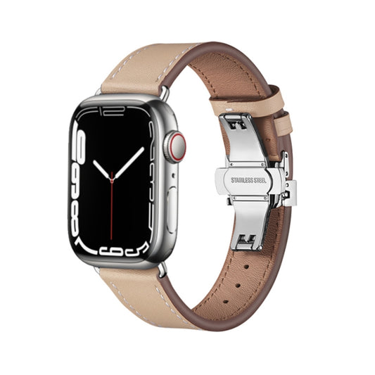 Butterfly Buckle Genuine Leather Watch Band For Apple Watch Ultra 49mm&Watch Ultra 2 49mm / Series 9&8&7 45mm / SE 3&SE 2&6&SE&5&4 44mm / 3&2&1 42mm(Apricot+Silver Buckle) - Watch Bands by buy2fix | Online Shopping UK | buy2fix