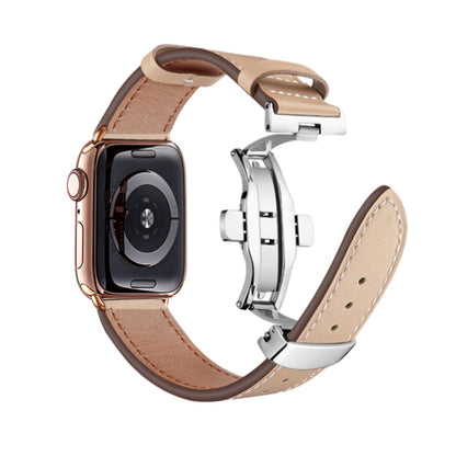 Butterfly Buckle Genuine Leather Watch Band For Apple Watch Ultra 49mm&Watch Ultra 2 49mm / Series 9&8&7 45mm / SE 3&SE 2&6&SE&5&4 44mm / 3&2&1 42mm(Apricot+Silver Buckle) by buy2fix